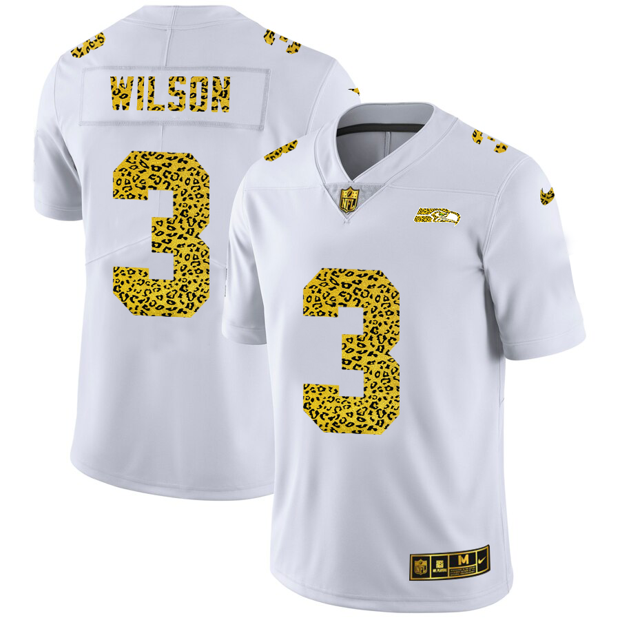 Seattle Seahawks #3 Russell Wilson Men Nike Flocked Leopard Print Vapor Limited NFL Jersey White